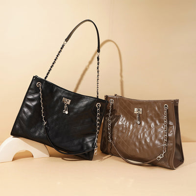 Top Grain Leather Quilted Chain Tote Bag