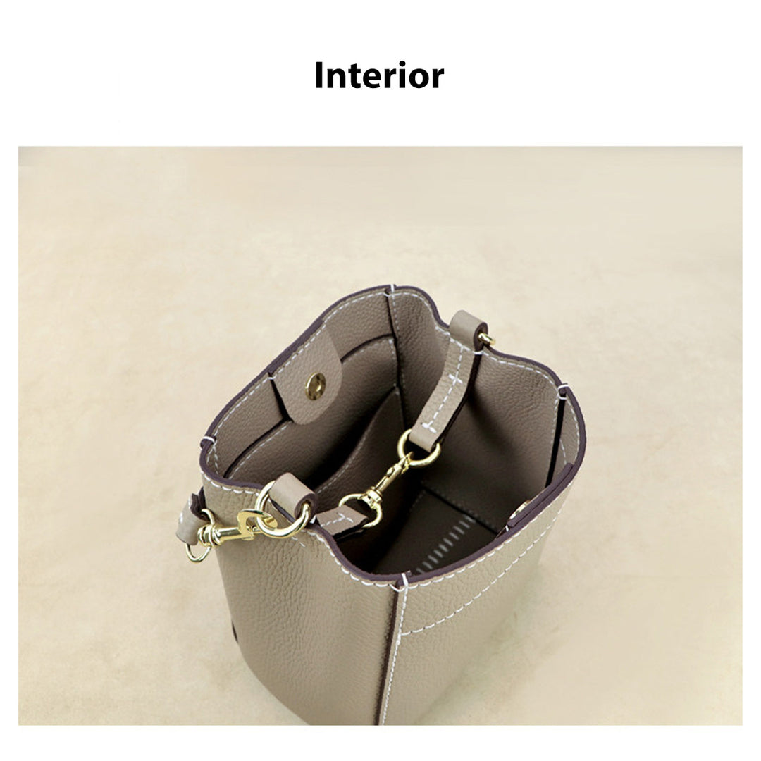 Leather bucket handbag interior | versatile leather bag