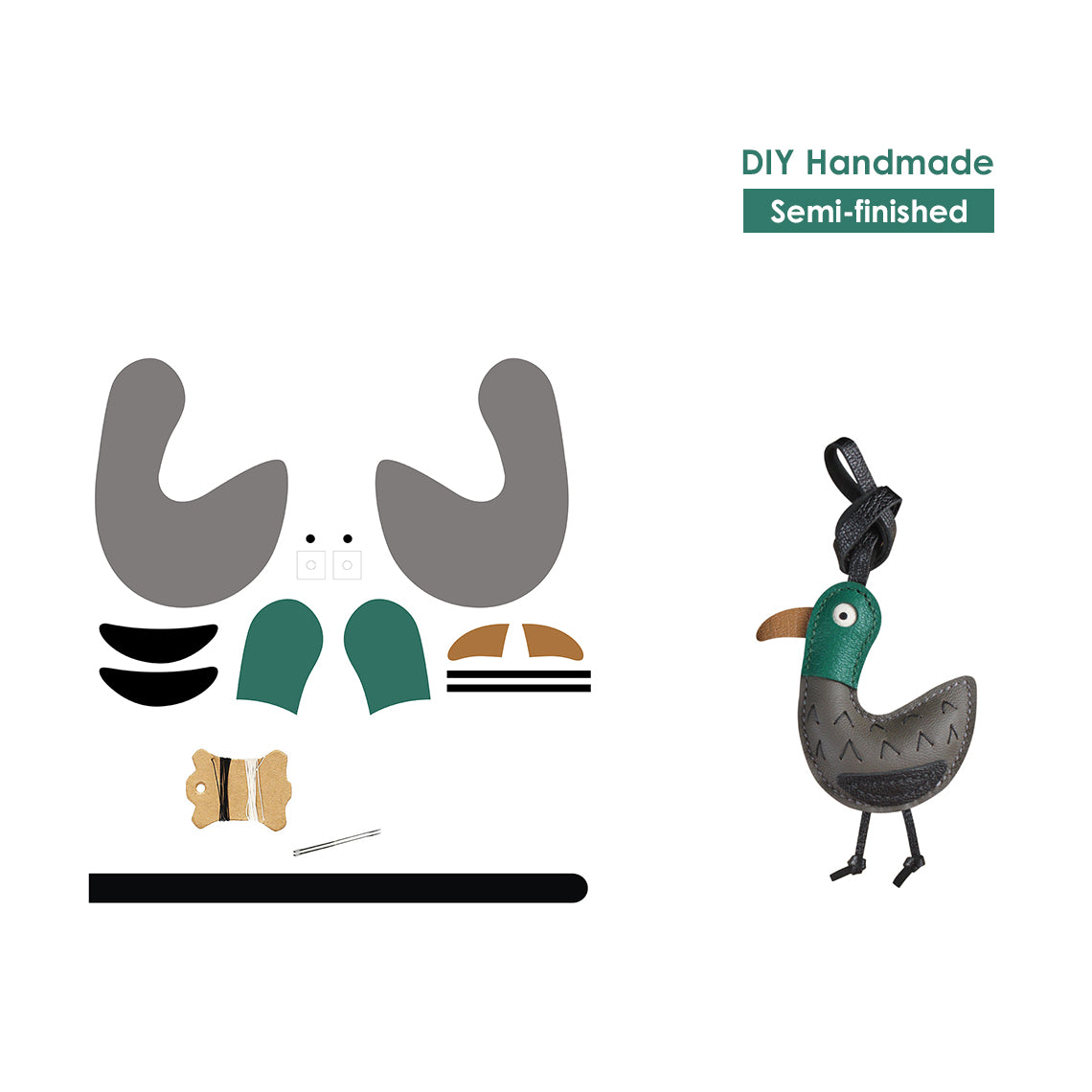 Semi-finished leather pieces DIY keychain kit | Funny silly bird design charm