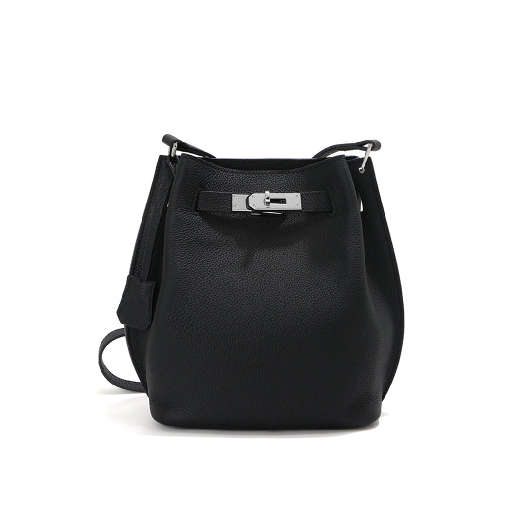 Black leather handbag with silver clasp | Inspired Kelly bucket bag