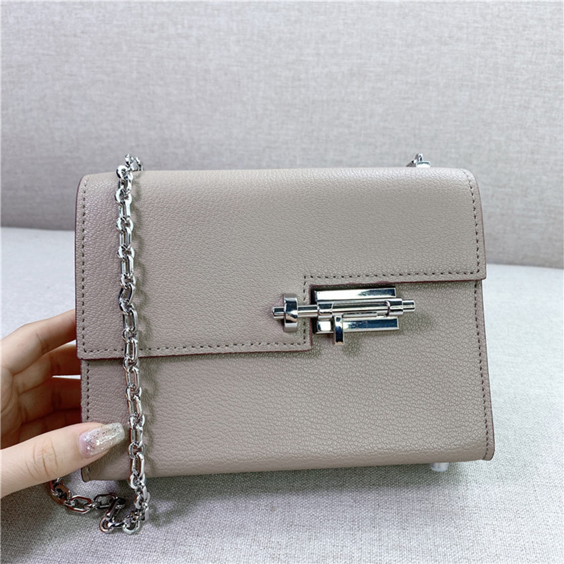 Khaki Leather Bag with Silver Chain