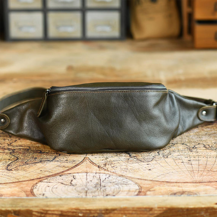 Green leather waist bag fanny pack for men