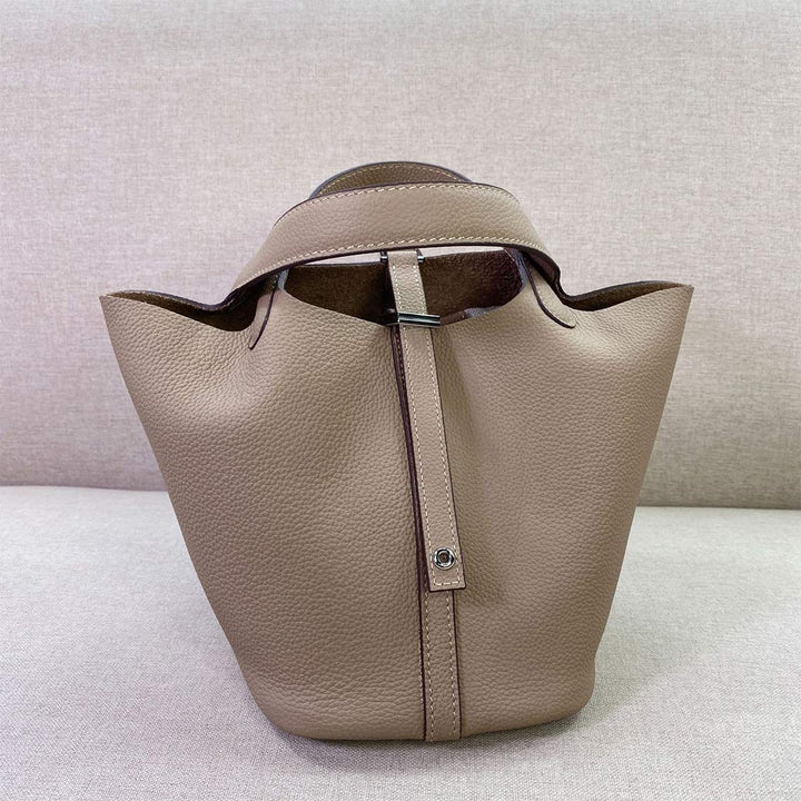 Top Grain Leather Inspired Picotin Lock Bag | Silver/Gold-tone Hardware