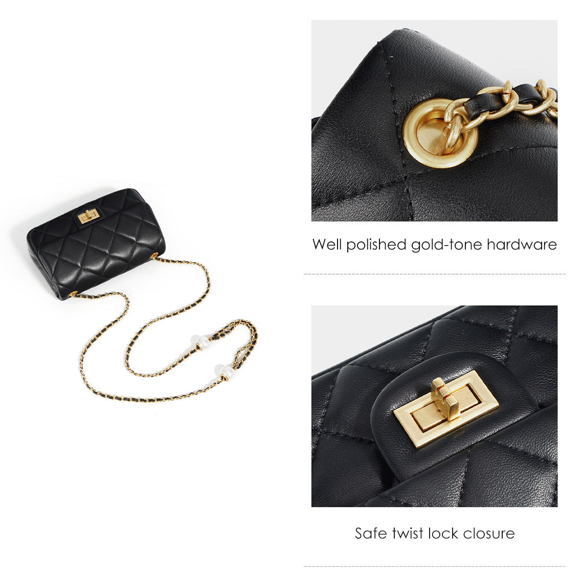 Black Mini Leather Bag with Gold-tone Hardware | Genuine Leather Bag Details