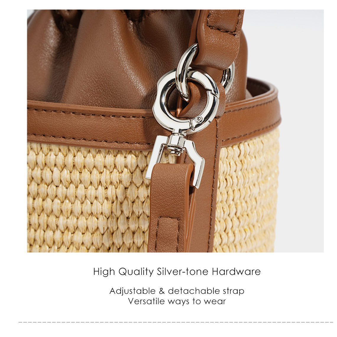 Leather Straw Drawstring Bucket Bag