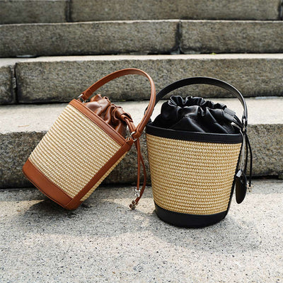 Leather Straw Drawstring Bucket Bag