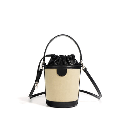 Leather Straw Drawstring Bucket Bag