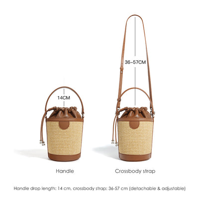 Leather Straw Drawstring Bucket Bag