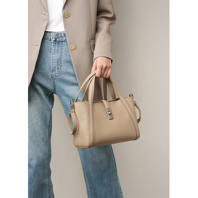 Beige Genuine Leather Handbag with Crossbody Strap - POPSEWING®