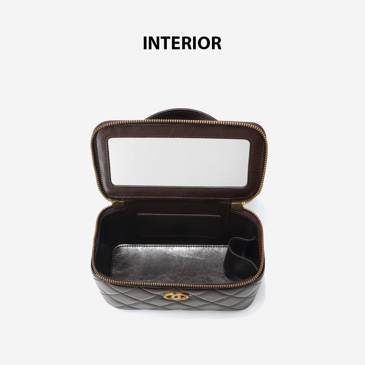 Top Grain Leather Quilted Vanity Box Bag