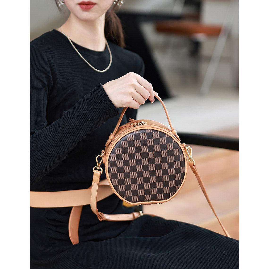 POPSEWING® Top Grain Leather Checker Mini Round Bag DIY Kit