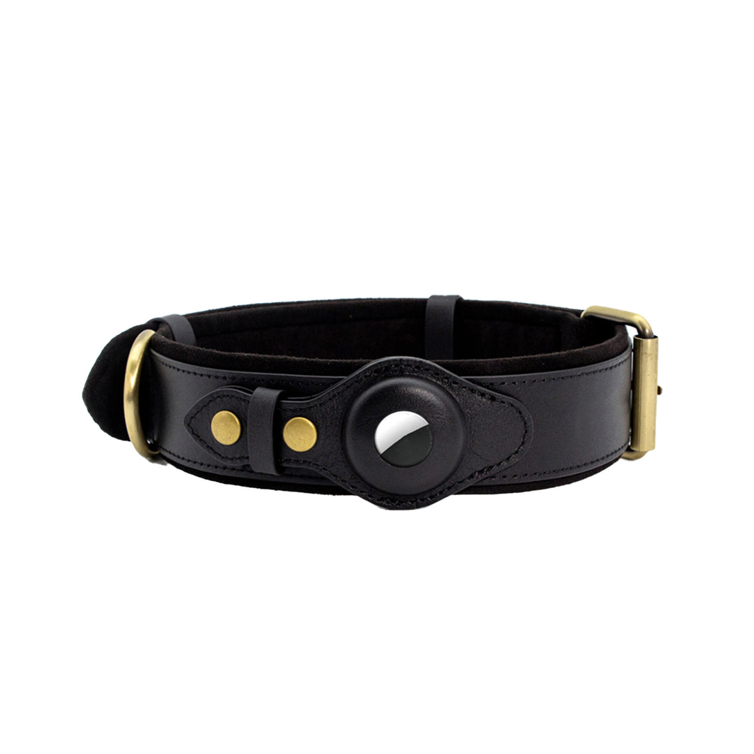 Genuine Leather Black Dog Collar with Airtag Case | Custom Dog Collars & Leashes