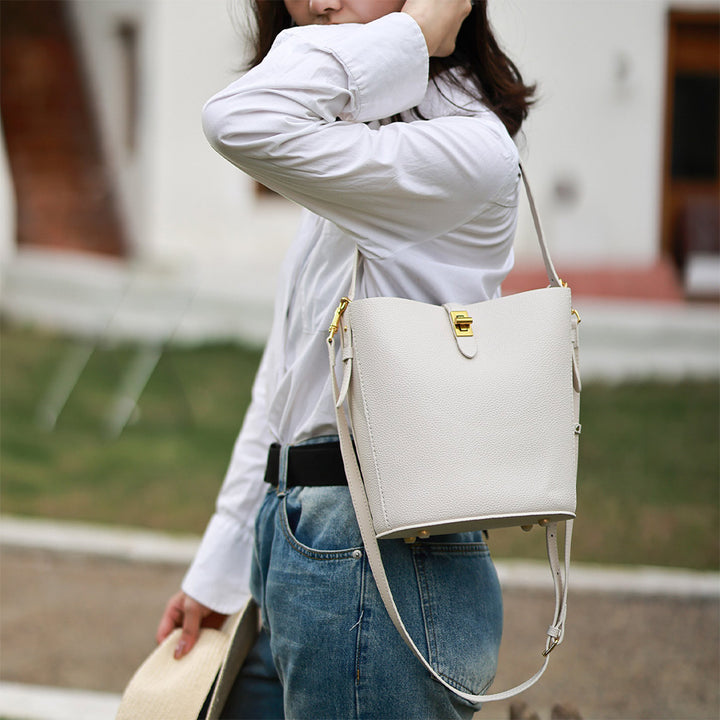 White Bucket Tote Bag with Crossbody Strap - Leather Bag Making Project - POPSEWING®